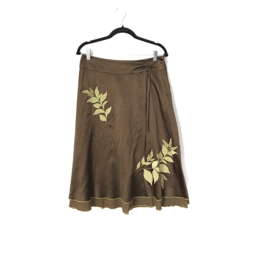Vintage Liz Claiborne Silk Embroidered Skirt Green Whimsical Midi Size 8